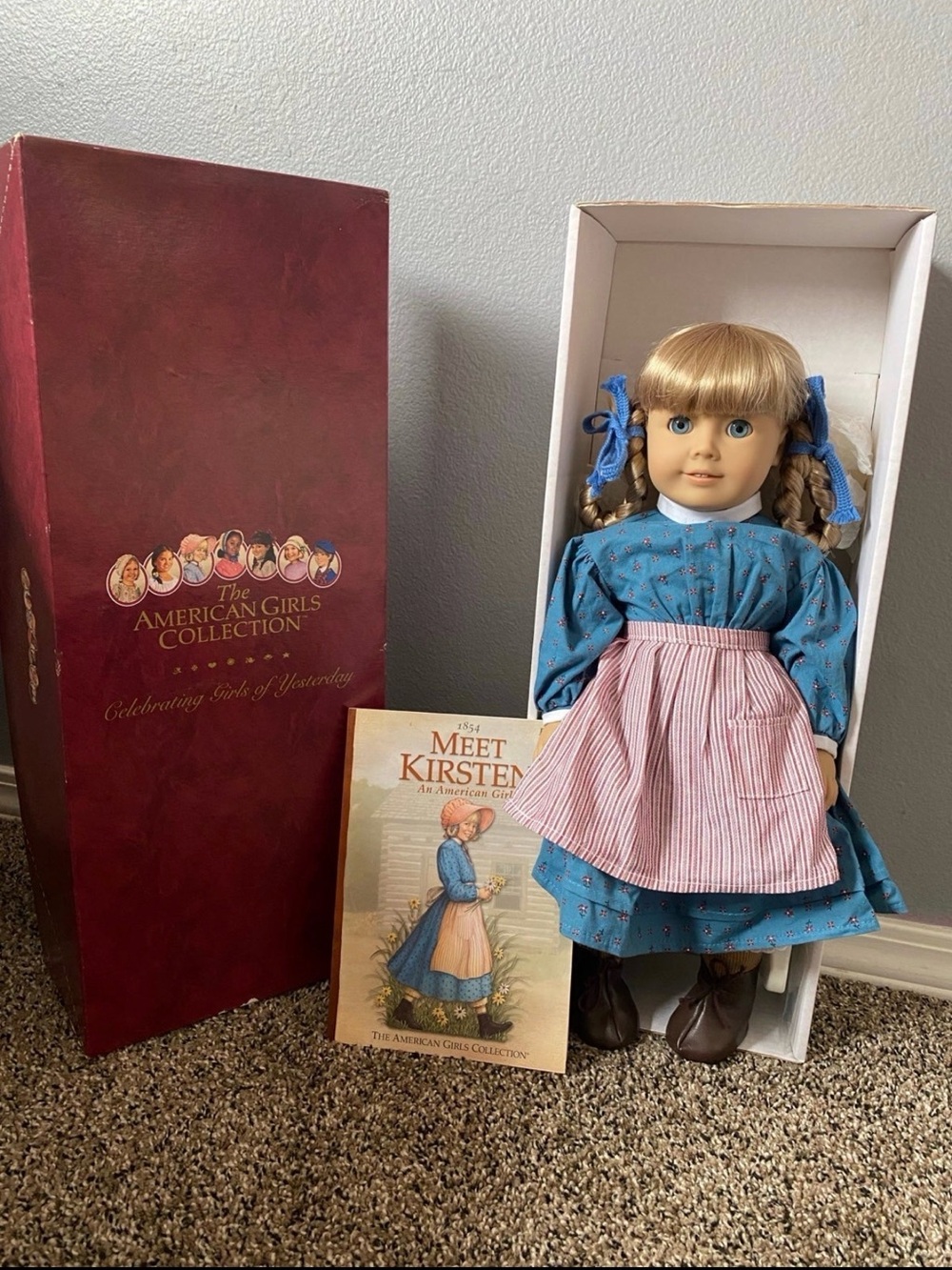 American Girl Kirsten Doll in Blue Dress with Pink Apron